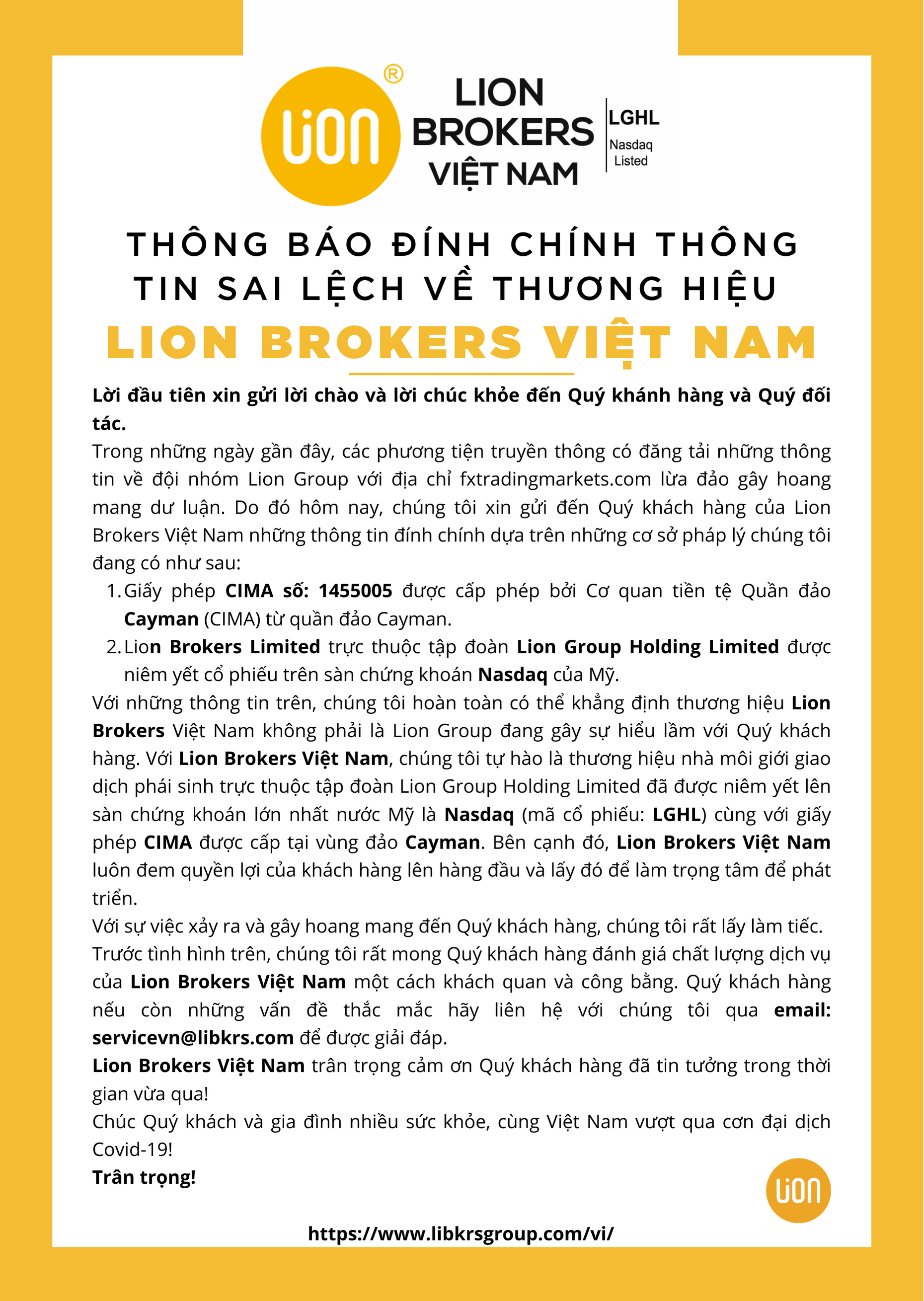 Thông báo đính chính thông tin về sàn Lion Brokers Việt Nam