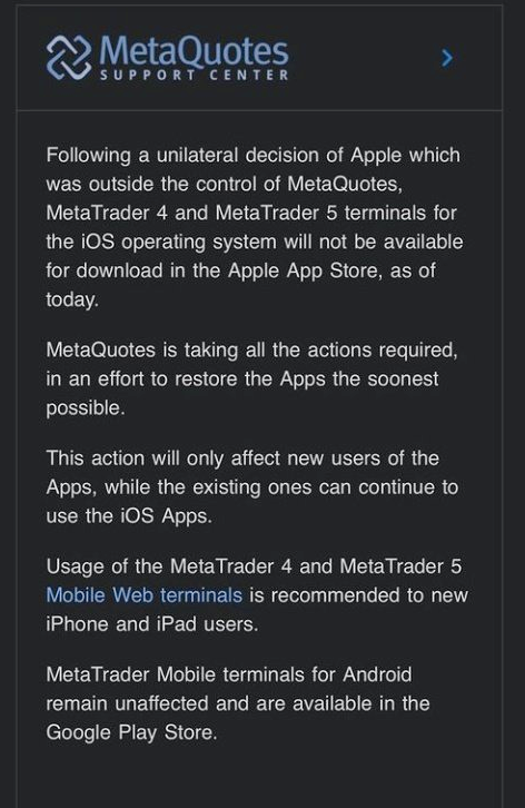Metaquotes trả lời về việc MT4 và MT5 bị gỡ khỏi App Store của Apple